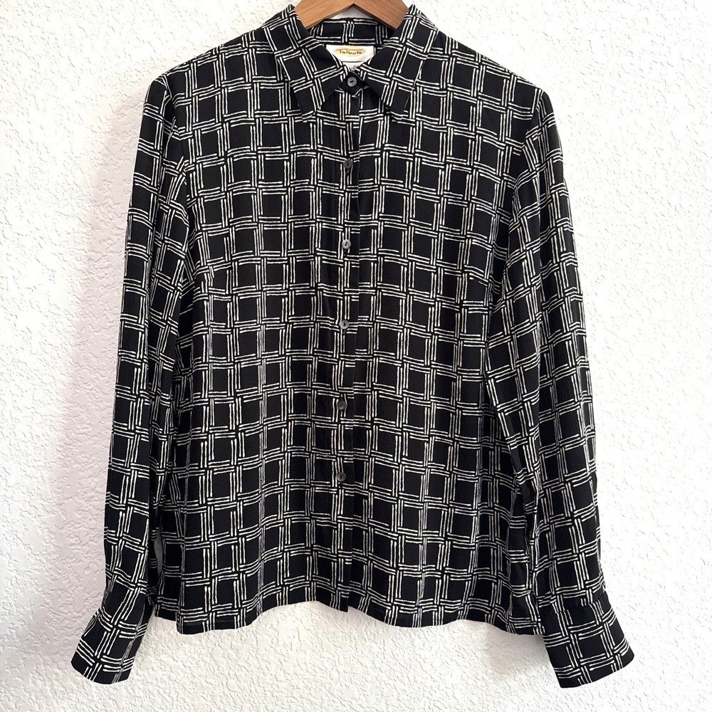 Talbots Pure Silk Blouse Women Size 10 Black Geometric  Button Up Long Sleeve